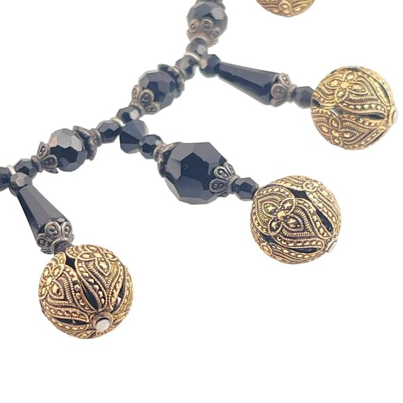 Czech Glass Bead and Sterling Silver Black Necklace Marcasite Mid Century - Picture 9 of 9